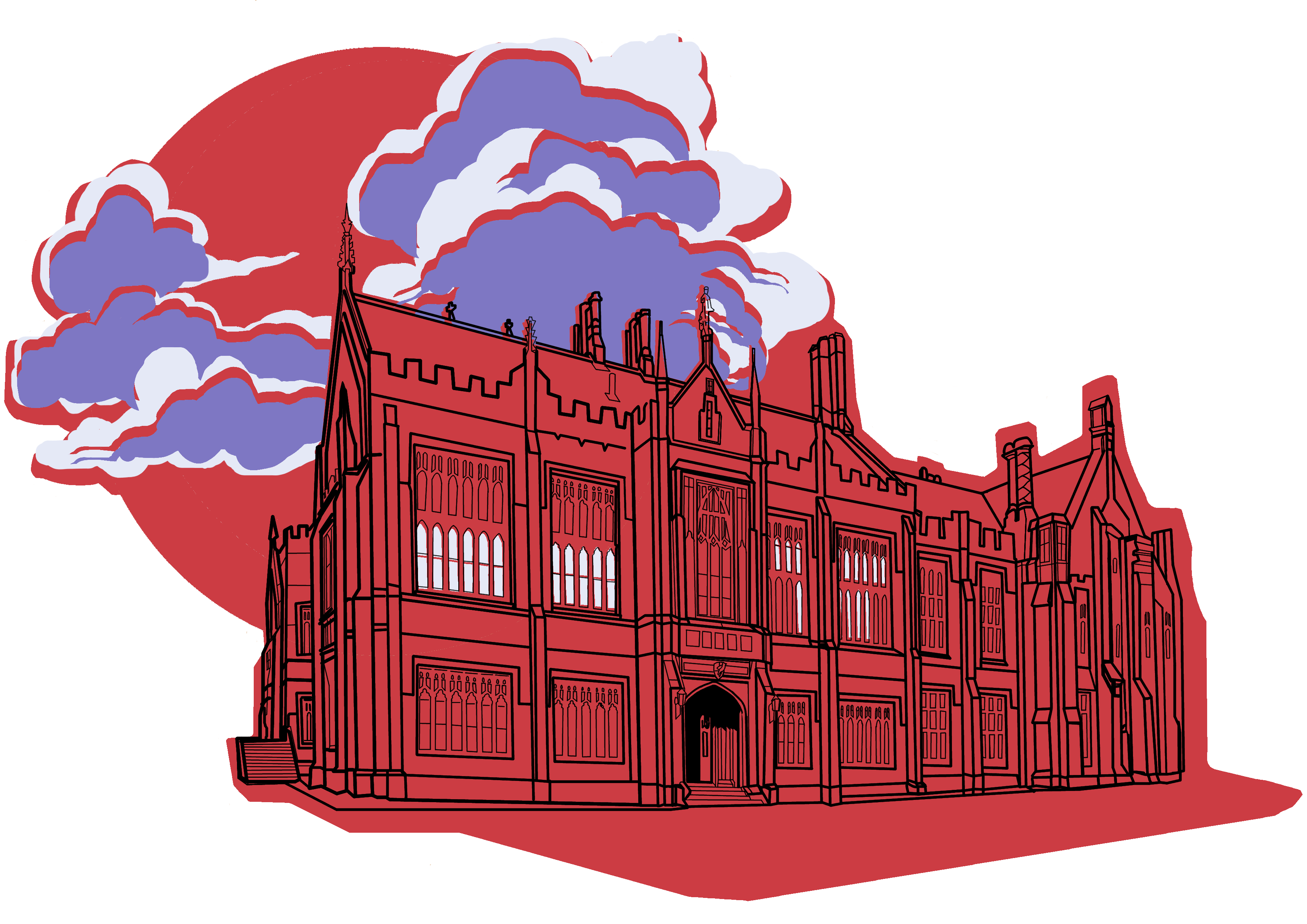 Dramatically rendered line art of a neo-gothic university building against a cloudy full moon, in purple and red