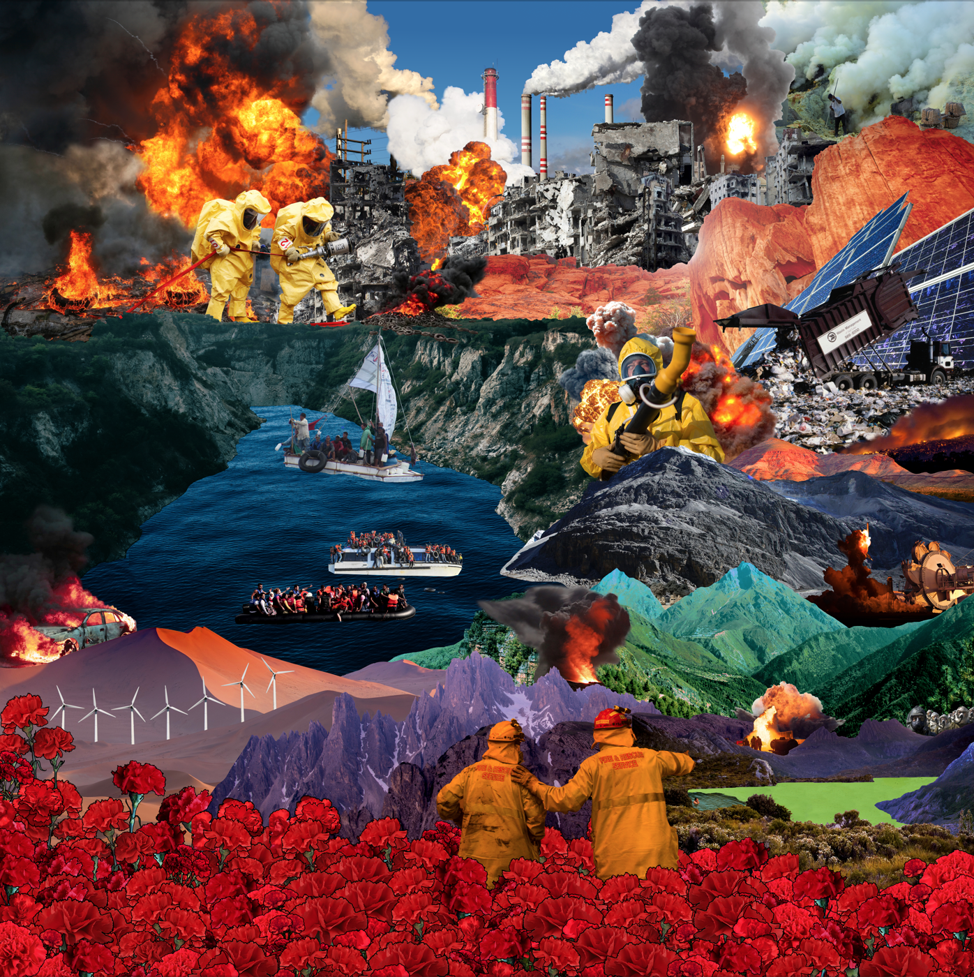 Digital collage of a colourful semi-apocalyptic landscape