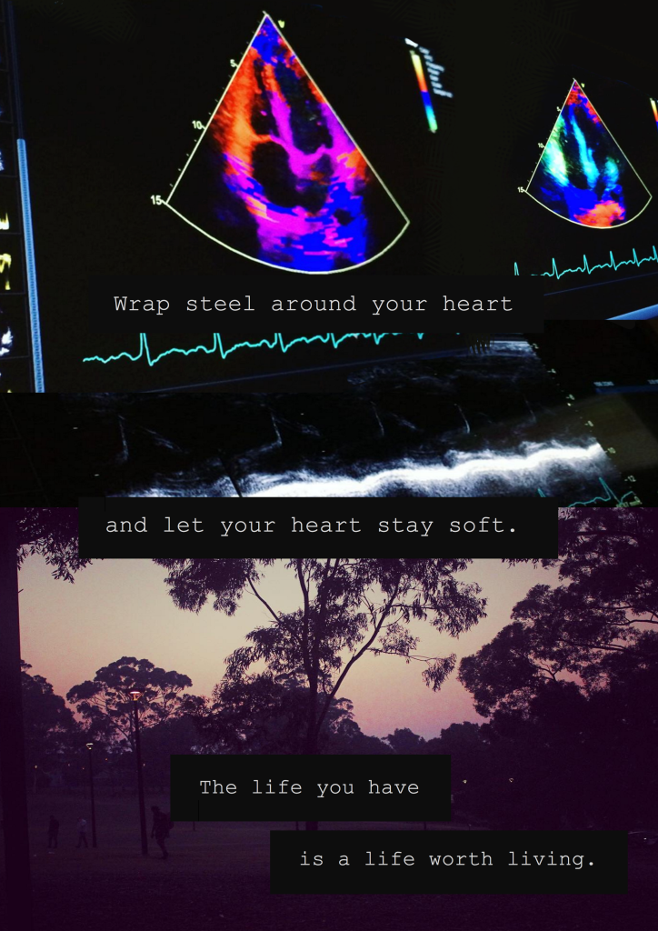 Wrap steel around your heart
and let your heart stay soft. The life you have
is a life worth living. 

[image: vibrantly coloured cardiac echoes of Robin’s wonky heart; eucalypts at dusk]
